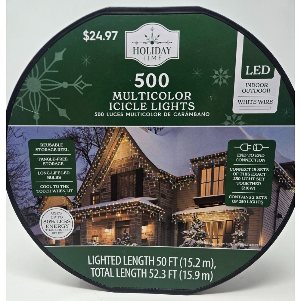 NEW Holiday Time 500 Multicolor LED Icicle Lights 50ft White Wire Indoor Outdoor